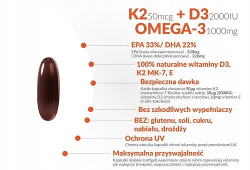 WITAMINA K2 MK-7 + D3 2000IU Vit E OMEGA-3 90kaps na Arena.pl