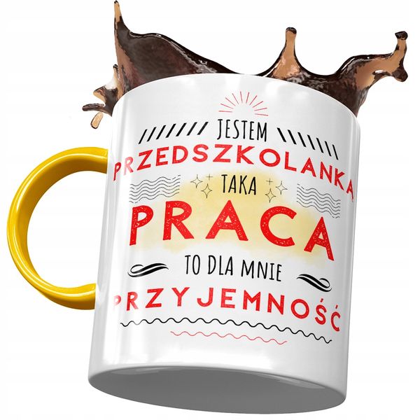 Kubek Żółty Dla Przedszkolanki Praca Przyjemność Z Nadrukiem Ze Zdjęciem zdjęcie 1