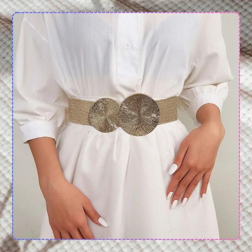 Damski słomiany pasek pleciony okrągła klamra beżowy ozdobny pas na Arena.pl