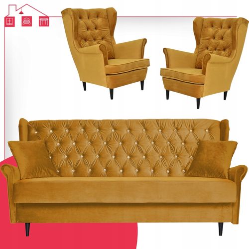 Zestaw wypoczynkowy z wersalką 2 fotele Gaja MUSZTARDOWY na Arena.pl