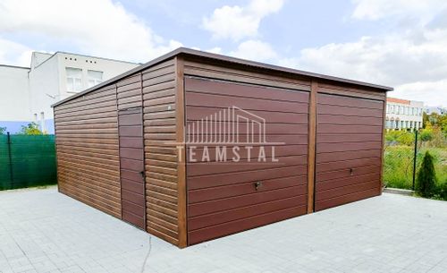 GARAŻ BLASZANY 6m x 5,8m poziom - spad tył 2x Brama uchylna + drzwi - ciemny orzech - drewnopodony TS241 6x5,8 na Arena.pl