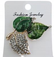 Piękna broszka listeczki zielone i z cyrkoniami 6cm