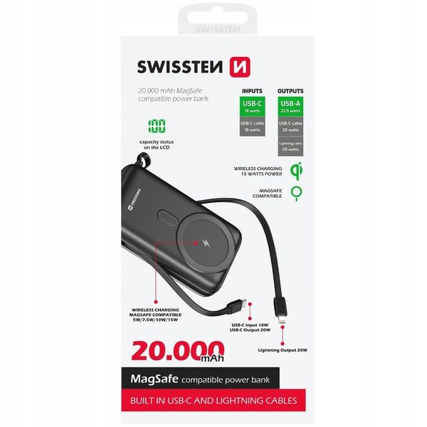 POWERBANK SWISSTEN 20000 mAh Qi PD 20W bezprzewodowe+ KABLE USB-C LIGHTNING zdjęcie 3
