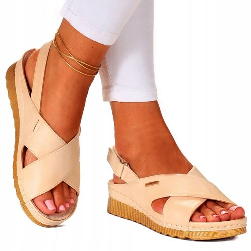 SANDAŁY DAMSKIE SKÓRA PROFILOWANE SZYTE RZEP na Arena.pl