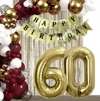 BALONY złote bordowe dekoracje kurtyna baner na urodziny cyfra 60 lat