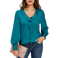 Bluzka damska dekolt V bufiaste rękawy elegancka vintage turkusowa XXL
