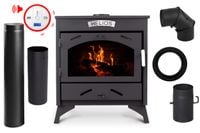 Piec stalowy kominek koza HELIOS płyta grzewcza RURY; CZUJNIK CZADU i DYMU
