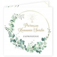 ZAPROSZENIA na Komunię 8szt koperty kwadrat KOMUNIJNE IHS eukaliptus złoto