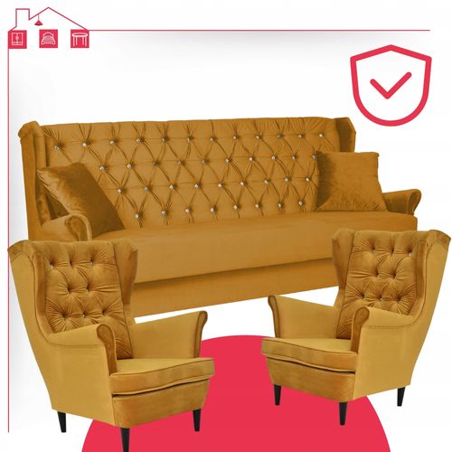 Zestaw wypoczynkowy z wersalką 2 fotele Gaja MUSZTARDOWY na Arena.pl