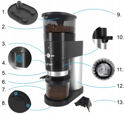 Elektryczny młynek kawy Żarnowy Yoer 150W AUTOMATYCZNY +43 Poziomy mielenia na Arena.pl