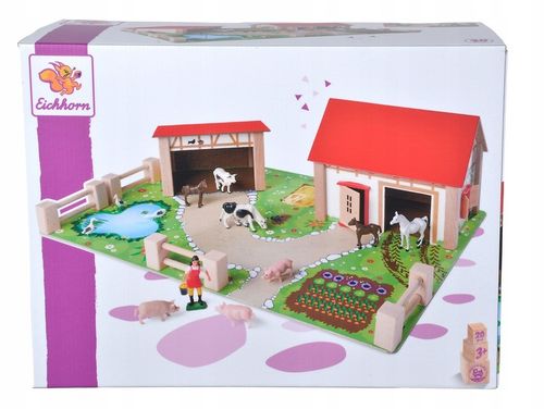 DUŻA DREWNIANA FARMA ZAGRODA + FIGURKI ZWIERZĄT KONIE ŚWINKI STAJNIA 25 EL. na Arena.pl