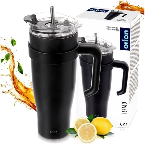 stalowy kubek termiczny termos 1200ml z rączką i słomką orion 112284 czarny na Arena.pl