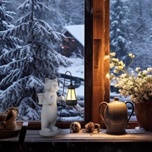 Figurka Kota Ogrodowa z Latarnią Solarną Żywica Szara 28 cm Ozdoba na Arena.pl