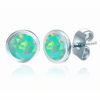 DELIKATNE RODOWANE SREBRNE OKRĄGŁE KOLCZYKI WKRĘTKI KÓŁKA ZIELONY OPAL