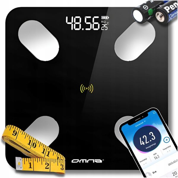 Inteligentna waga łazienkowa smart szklana OMNA aplikacja, miarka i baterie zdjęcie 1