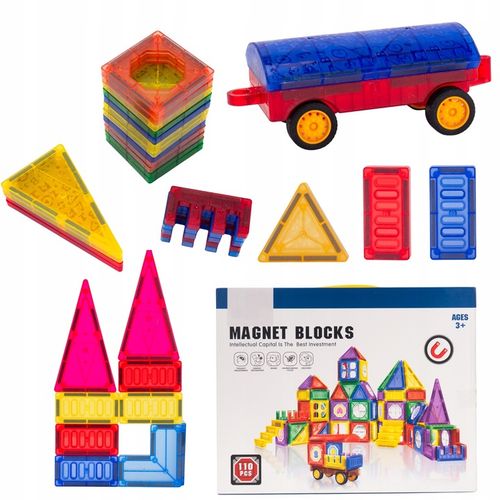 Klocki Magnetyczne 3D Zamek i Pojazdy Duży Zestaw 110 Elementów Edukacyjne na Arena.pl