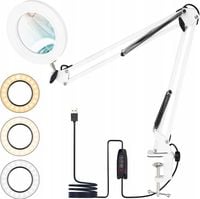 Lampa LED z lupą z zaciskiem na biurko blat Biała