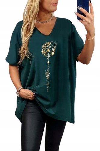 T-SHIRT KOSZULKA BAWEŁNA złoty dmuchawiec V dekolt oversize plus size T32 na Arena.pl