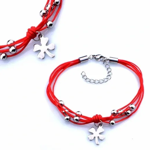Bransoletka Srebrna Koniczynka Szczęścia Sznurek zdjęcie 1