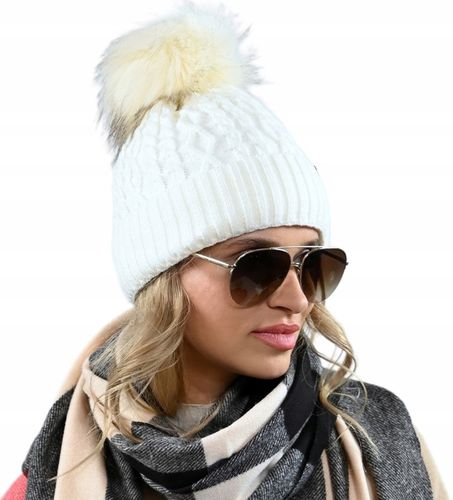 Czapka Damska Z Pomponem Zimowa kremowa Ciepła czapka z polarem PL - ECRU na Arena.pl