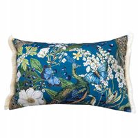 Poszewka z frędzlami 30x50cm Boho Dekoracyjna NIebieska z Pawiem i Kwiatami