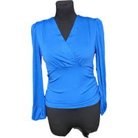 Elegancka Bluzka Damska z Długim Rękawem Dekolt V Niebieska S Elastan