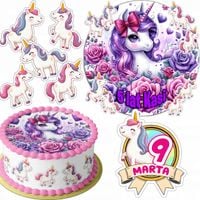 ZESTAW OPŁATEK NA TORT 20CM + 16 POSTACI - JEDNOROŻEC + IMIĘ 15CM 18CM