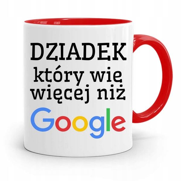 Kubek Czerwony Dla Dziadka Wie Więcej Niż Google Z Nadrukiem Ze Zdjęciem zdjęcie 1