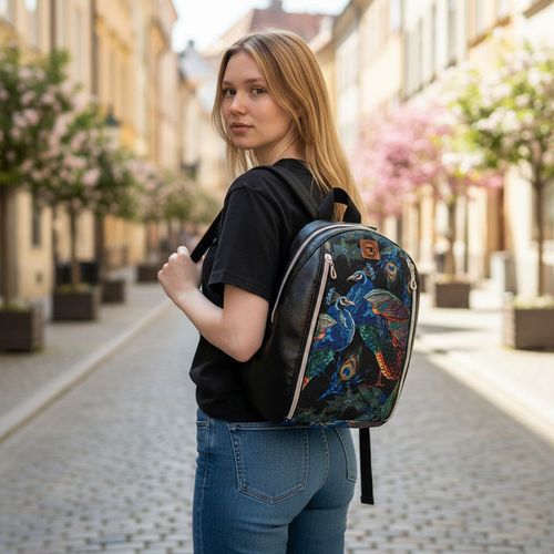 Mały Plecak Czarny z Motywem Pawia – Handmade na Arena.pl