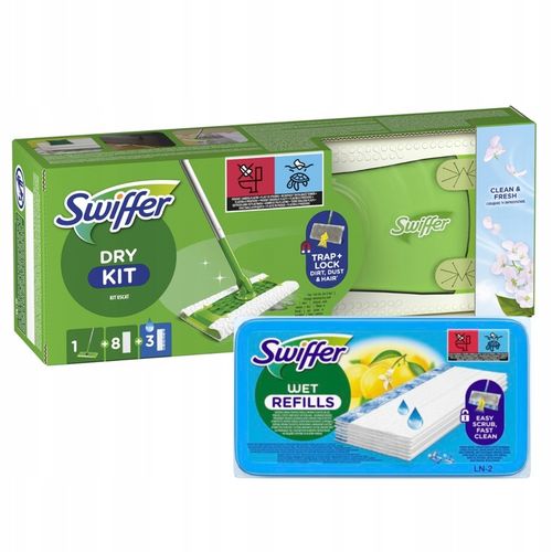 Zestaw Swiffer Dry+Wet Kit do kurzu + Mokre chusteczki do podłóg 20 sztuk na Arena.pl