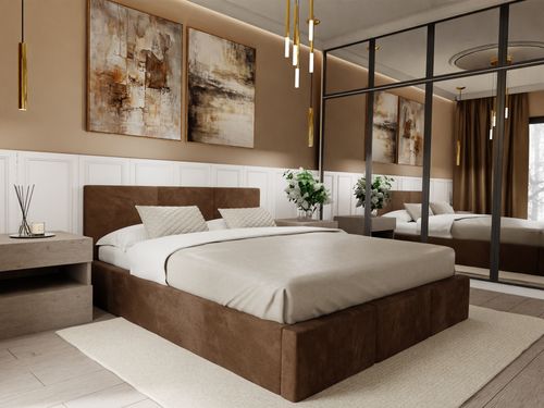 ŁÓŻKO TAPICEROWANE DO SYPIALNI 120x200 ŁÓŻKO PODWÓJNE Z POJEMNIKIEM BRĄZOWE na Arena.pl