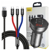 ładowarka samochodowa baseus z wyświetlaczem 24w + kabel usb 3w1