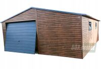 GARAŻ BLASZANY 6m x 6m dwuspad - Brama uchylna - ciemny orzech - dodatkowe drzwi - 2x okno BOX102 6x6