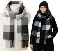 Piękny WEŁNIANY CIEPŁY SZAL damski KASZMIROWY w dotyku szalik KRATKA