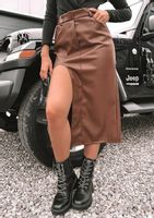 Mega Modna Midi Spódnica Z Imitacji Skóry Z Rozcięciem Czekolada Brąz S 36