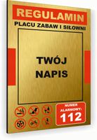 Tabliczka znak informacyjny 20x15 Złota REGULAMIN SIŁOWNI Nierdzewna