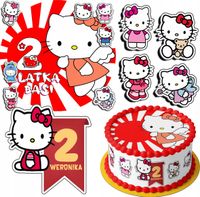 ZESTAW OPŁATEK NA TORT 30CM + 17 POSTACI - KOTEK HELLO + IMIĘ 24CM 26CM