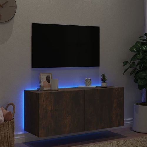 Ścienna szafka TV z LED, przydymiony dąb, 100x35x41 cm na Arena.pl