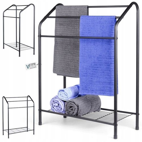 Stojak NA RĘCZNIKI wieszak łazienkowy podłogowy stojący czarny + półka na Arena.pl