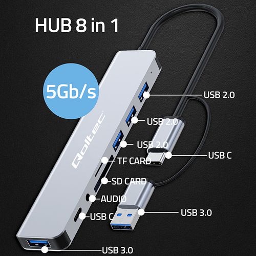 Qoltec Hub Adapter 8w1 USB-C/USB |USB-C  4xUSB  SD/TF card  JACK 3.5mm TRRS na Arena.pl
