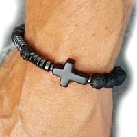 MĘSKA BRANSOLETKA RÓŻANIEC DZIESIATKA na rekę lawa hematyt krzyżyk