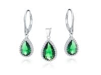 RODOWANY SREBRNY KOMPLET ŁEZKI SZMARAGD CYRKONIE