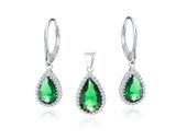 RODOWANY SREBRNY KOMPLET ŁEZKI SZMARAGD CYRKONIE