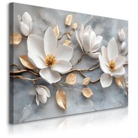 OBRAZ DO SALONU SYPIALNI BIAŁE MAGNOLIE MARMUR ZŁOTE LIŚCIE GLAMOUR 90x60