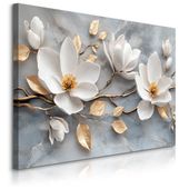 OBRAZ DO SALONU SYPIALNI BIAŁE MAGNOLIE MARMUR ZŁOTE LIŚCIE GLAMOUR 90x60