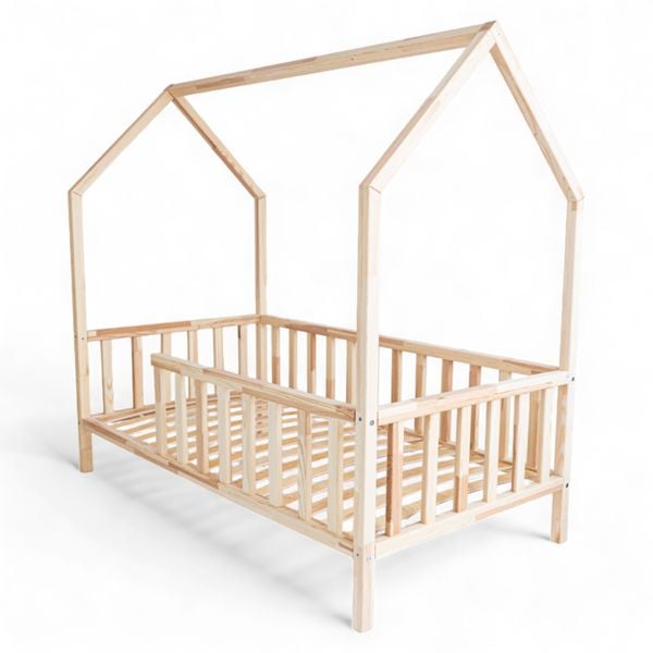 ŁÓŻKO DZIECIĘCE DOMEK AURORA 180x80 DREWNIANE BARIERKA + STELAŻ SOSNA