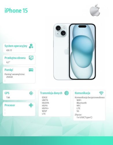 Smartfon APPLE iPhone 15 256GB Niebieski MTP93PX/A na Arena.pl