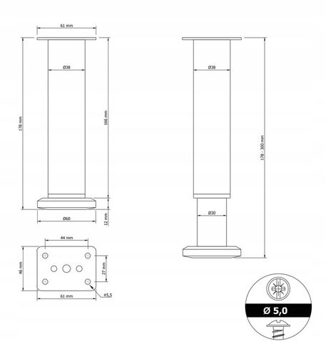 METALOWE NOGI DO ŁÓŻKA SZAFEK MEBLI REGULOWANE 178 - 300 mm CZARNE 4 na Arena.pl