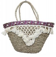 Torebka koszyk trawa morska ręcznie pleciony muszle frędzle zamek BOHO 2306