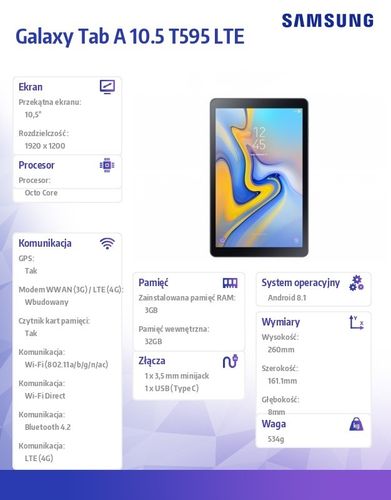 Samsung Tablet Galaxy Tab A 10.5 T595 LTE 32GB czarny na Arena.pl